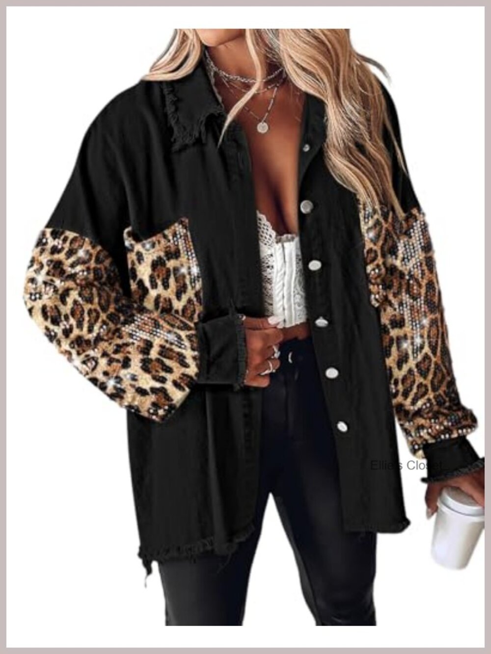 Oversized Sequined Denim Jacket Shacket Leopard Patchwork Long Sleeve Button